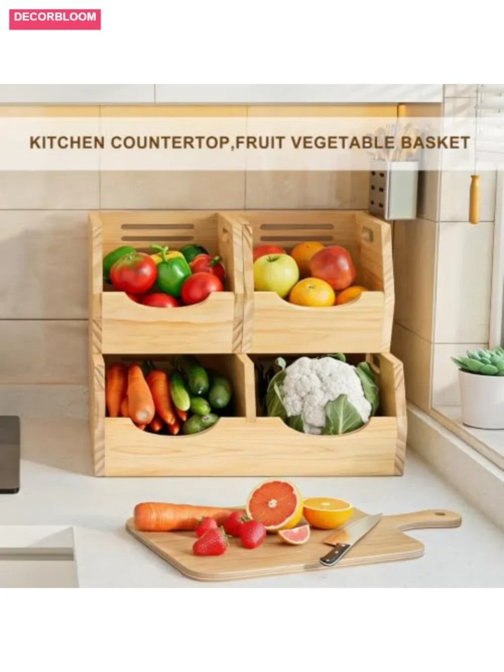 2 Tier Wood Potato Onion Storage Bin Stackable Vegetable Keeper Pantry Organizer